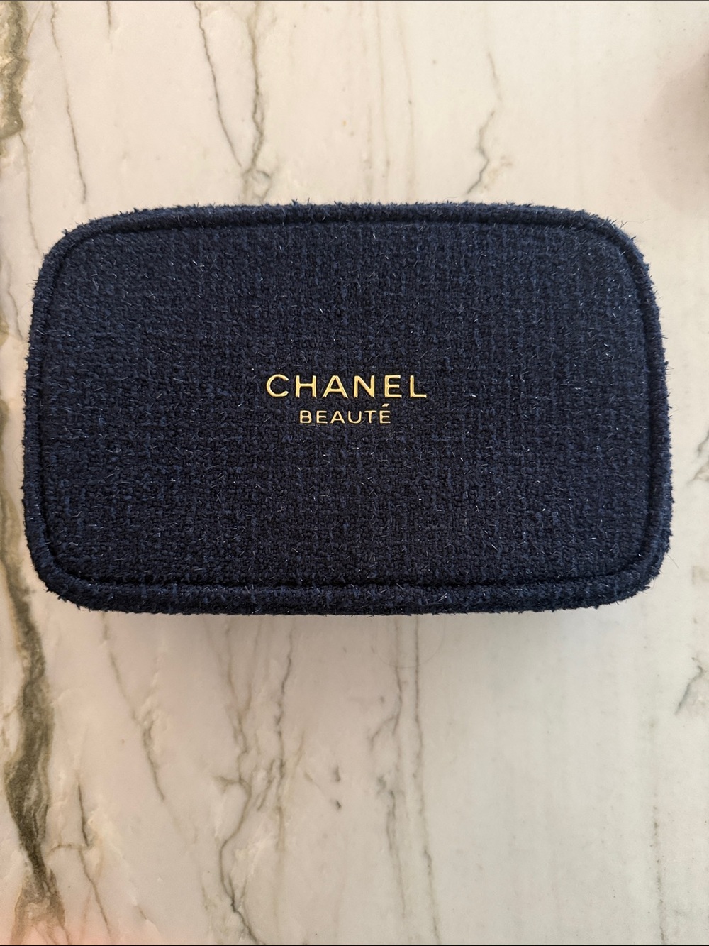 CHANEL Navy Tweed GWP Cosmetic Case with Gold Logo